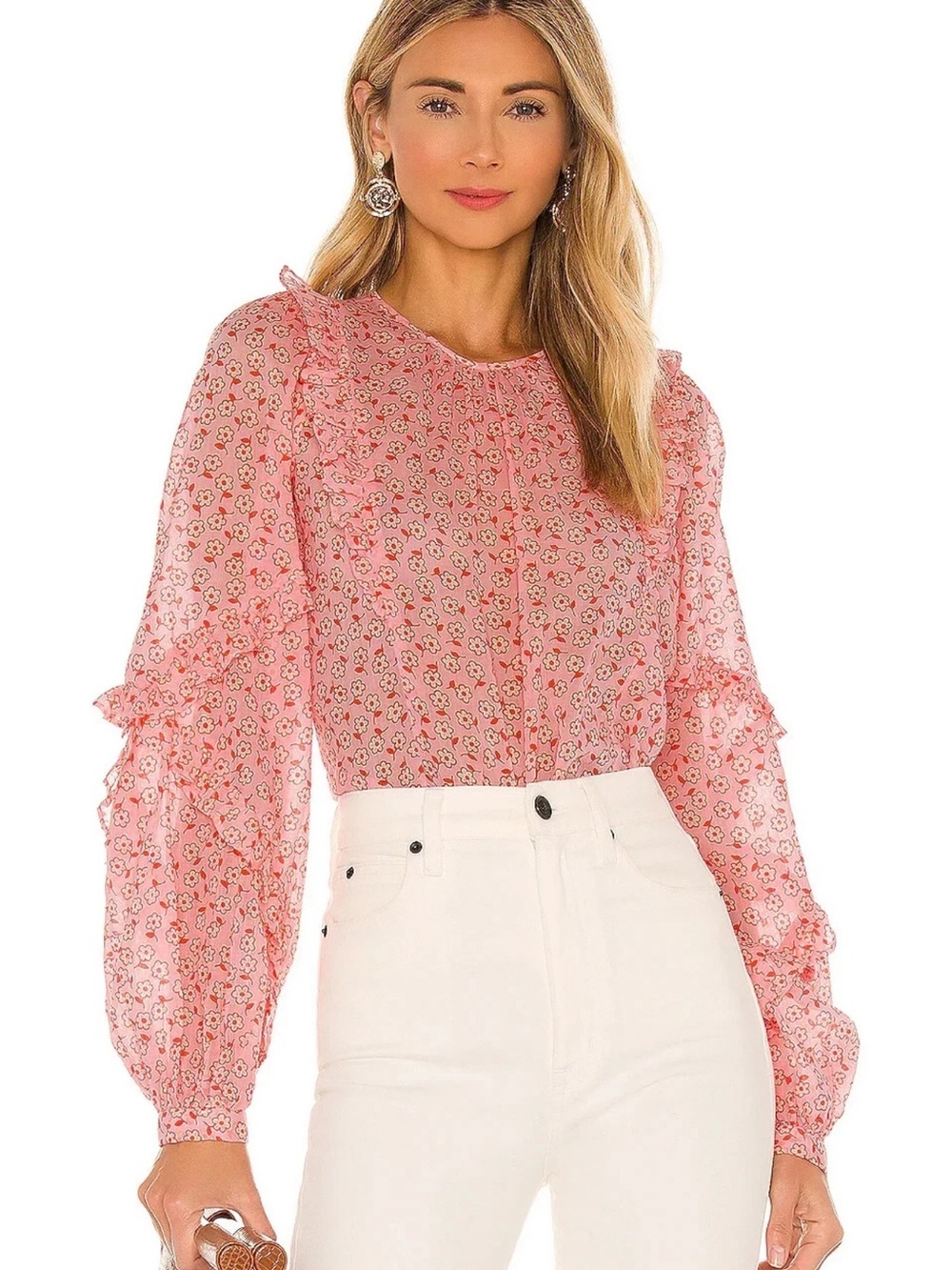 Banjanan Margot Top Scattered Daisy Orchid Pink Floral Ruffle Organic Cotton Blo